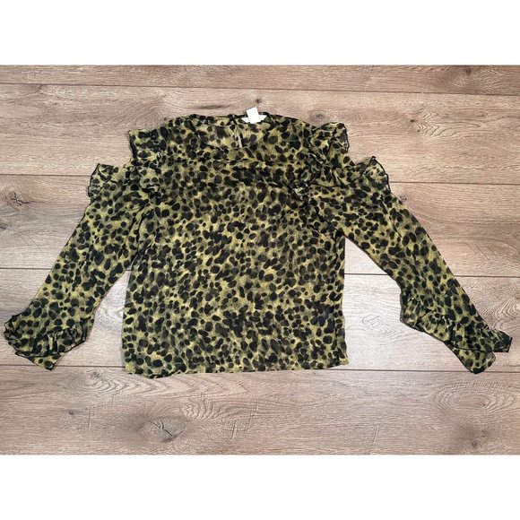 H&M Green and Black Leopard Sheet Blouse with Rufflesm - Picture 2 of 8